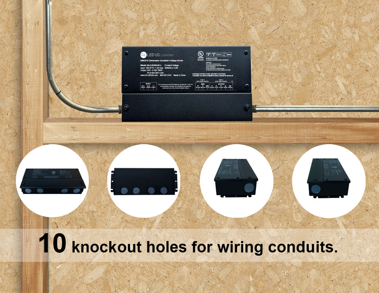 DMX512 Color Changing Dimmable LED Driver with 10 knockout holes for RGBW lighting control