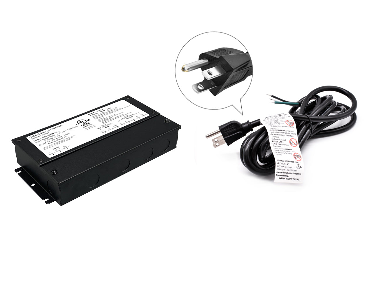 DMX LED RGB 100W 12VDC dimmable LED transformer with black three-prong power cord for line voltage.
