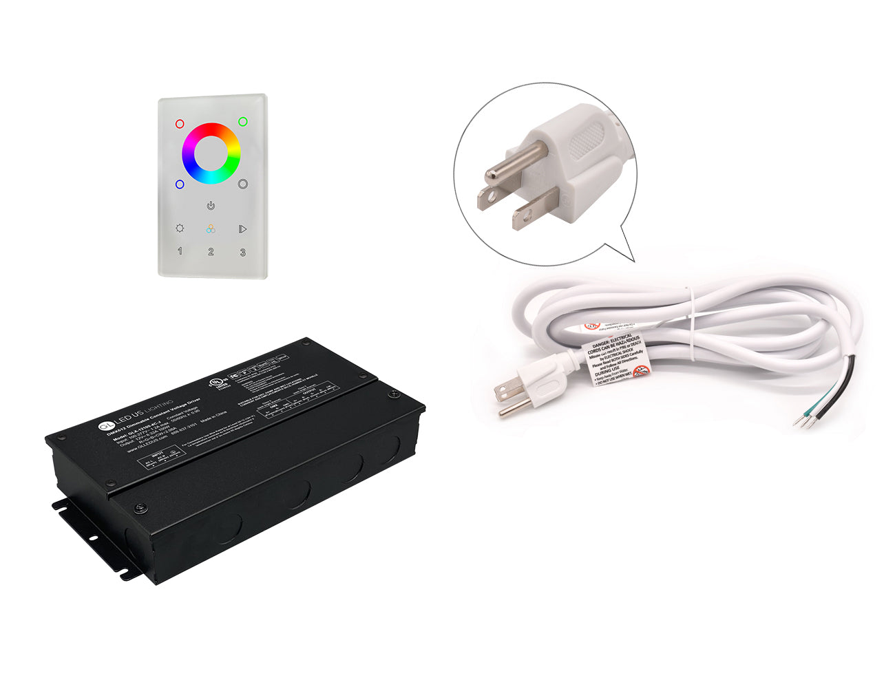 DMX LED RGB 300W 12VDC dimmable LED power supply and DMX controller with white three-prong power cord for 120VAC.