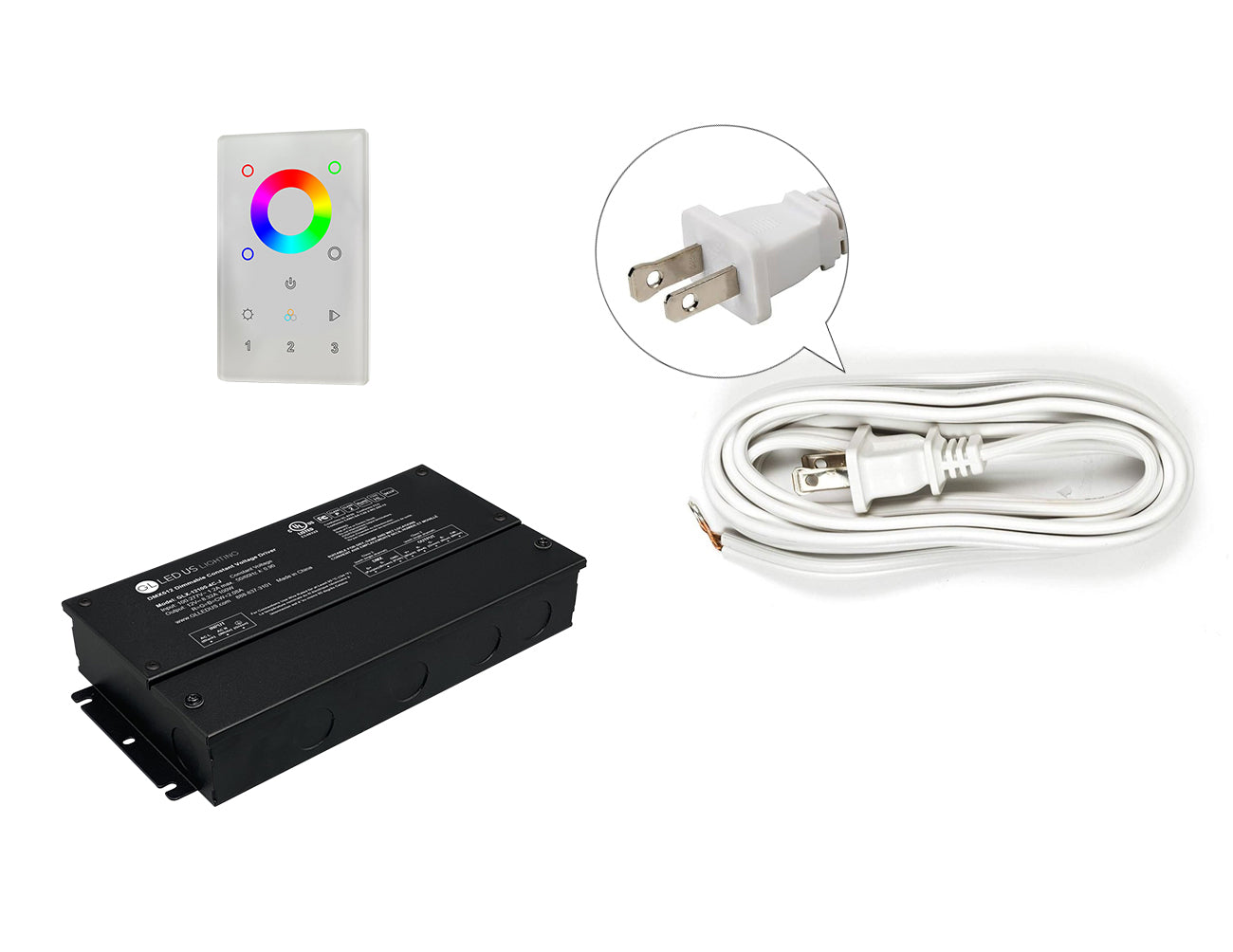 DMX LED RGB 100W 24VDC dimmable LED driver and controller with white two-prong power cord.