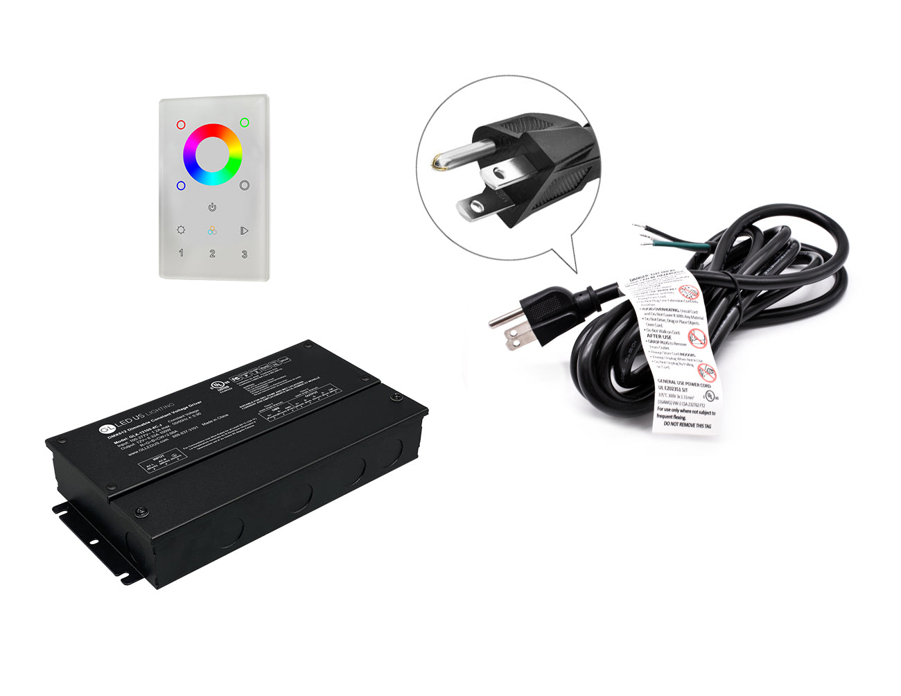 DMX LED RGB 100W 24VDC dimmable LED power supply and DMX controller with black three-prong power cord for 120VAC.