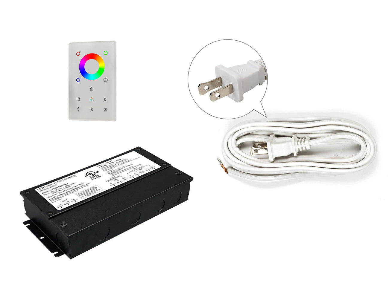 DMX LED RGB 100W 24VDC dimmable LED driver and controller with white two-prong power cord.