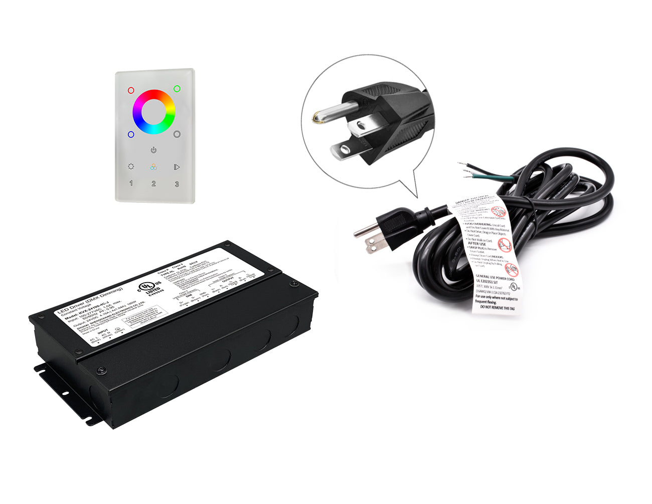 DMX LED RGB 100W 24VDC dimmable LED power supply and DMX controller with black three-prong power cord for 120VAC.