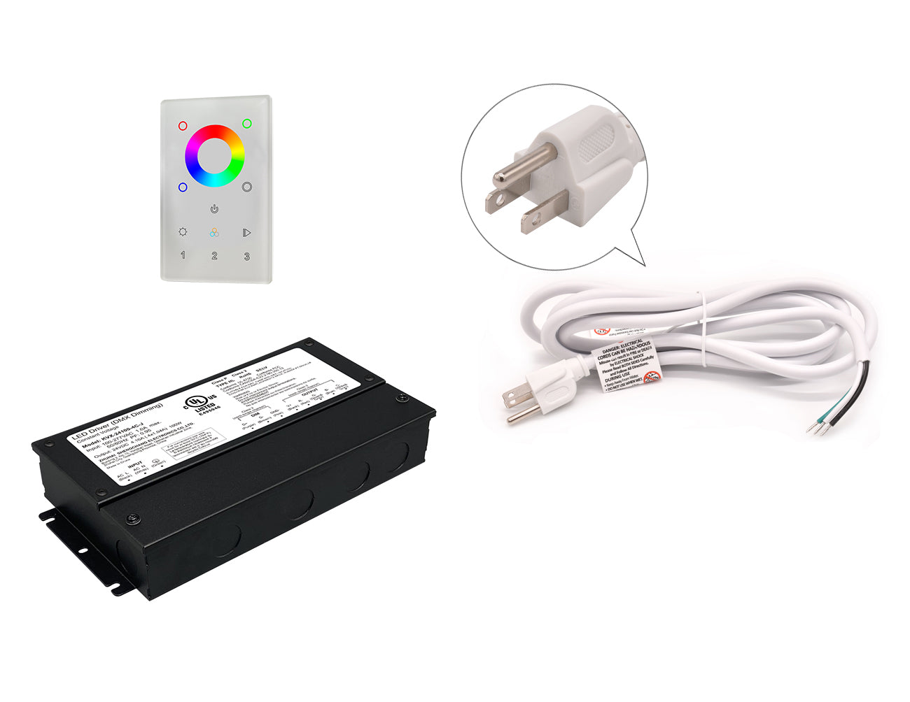 DMX LED RGB 100W 24VDC dimmable LED power supply and DMX controller with white three-prong power cord for 120VAC.
