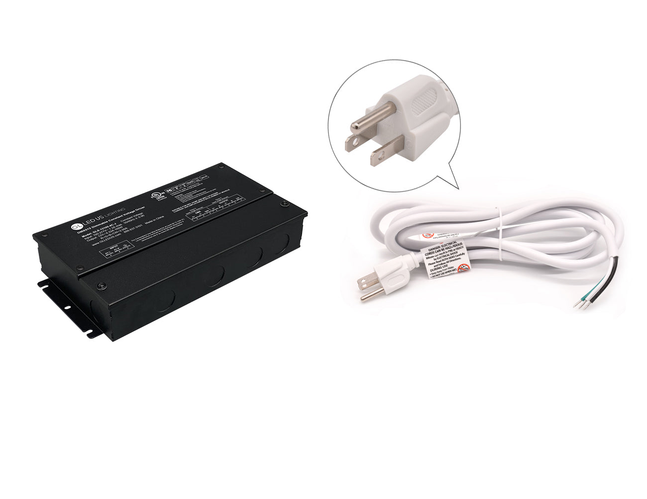 DMX LED RGB 300W 12VDC dimmable LED power supply with white three-prong power cord for 120VAC.