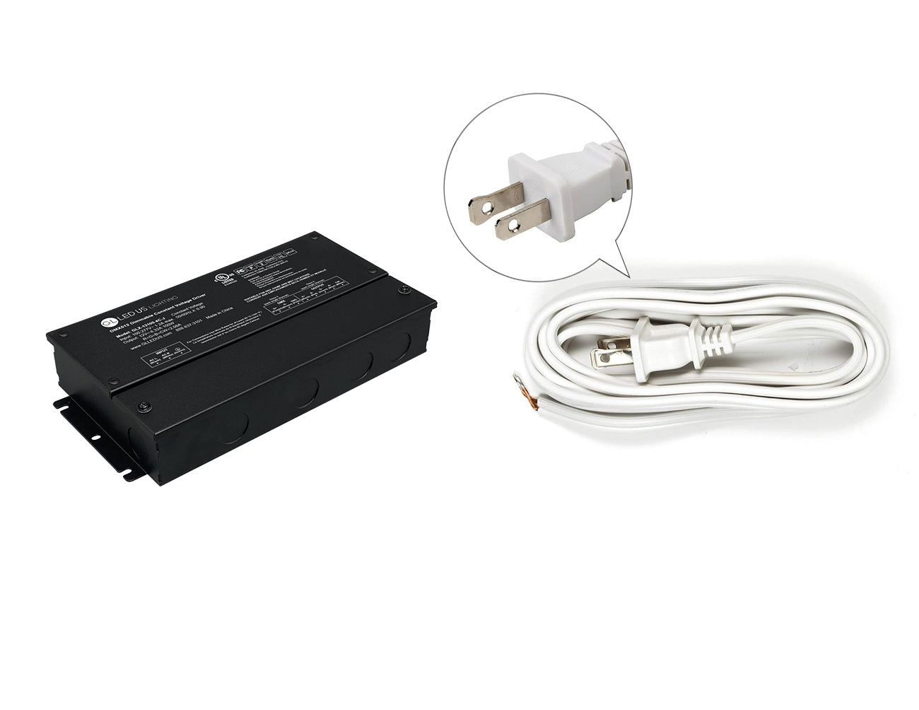DMX LED RGB 100W 24VDC dimmable LED transformer with white two-prong power cord.