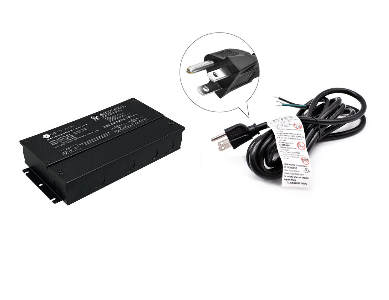 DMX LED RGB 100W 24VDC dimmable LED transformer with black three-prong power cord for line voltage.