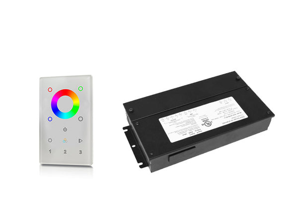 DMX RGBW Wall Mount Controller 3 Zones and its DMX Power supplies  by side.