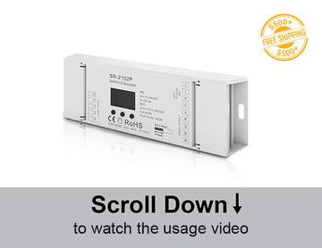 Front view of DMX RGBW decoder; a label of free shipping for orders over $500 is shown as well.