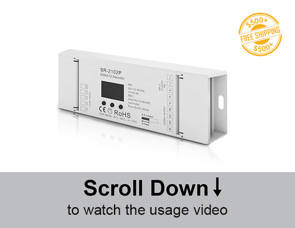Front view of DMX RGBW decoder; a label of free shipping for orders over $500 is shown as well.