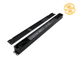 Slim black transformer with junction box on white background with $500+ free shipping label