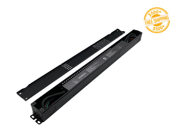 Slim black transformer with junction box on white background with $500+ free shipping label