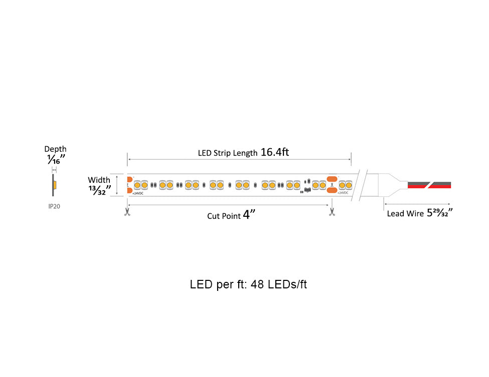 Dimensions for the DIM TO WARM Series 24VDC low voltage LED strip lights.