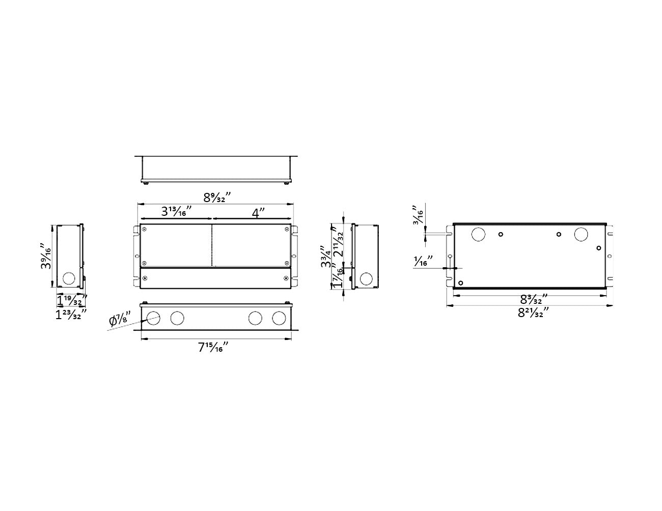 Dimensions for the G Series Dimmable 100W 12VDC LED power supply.