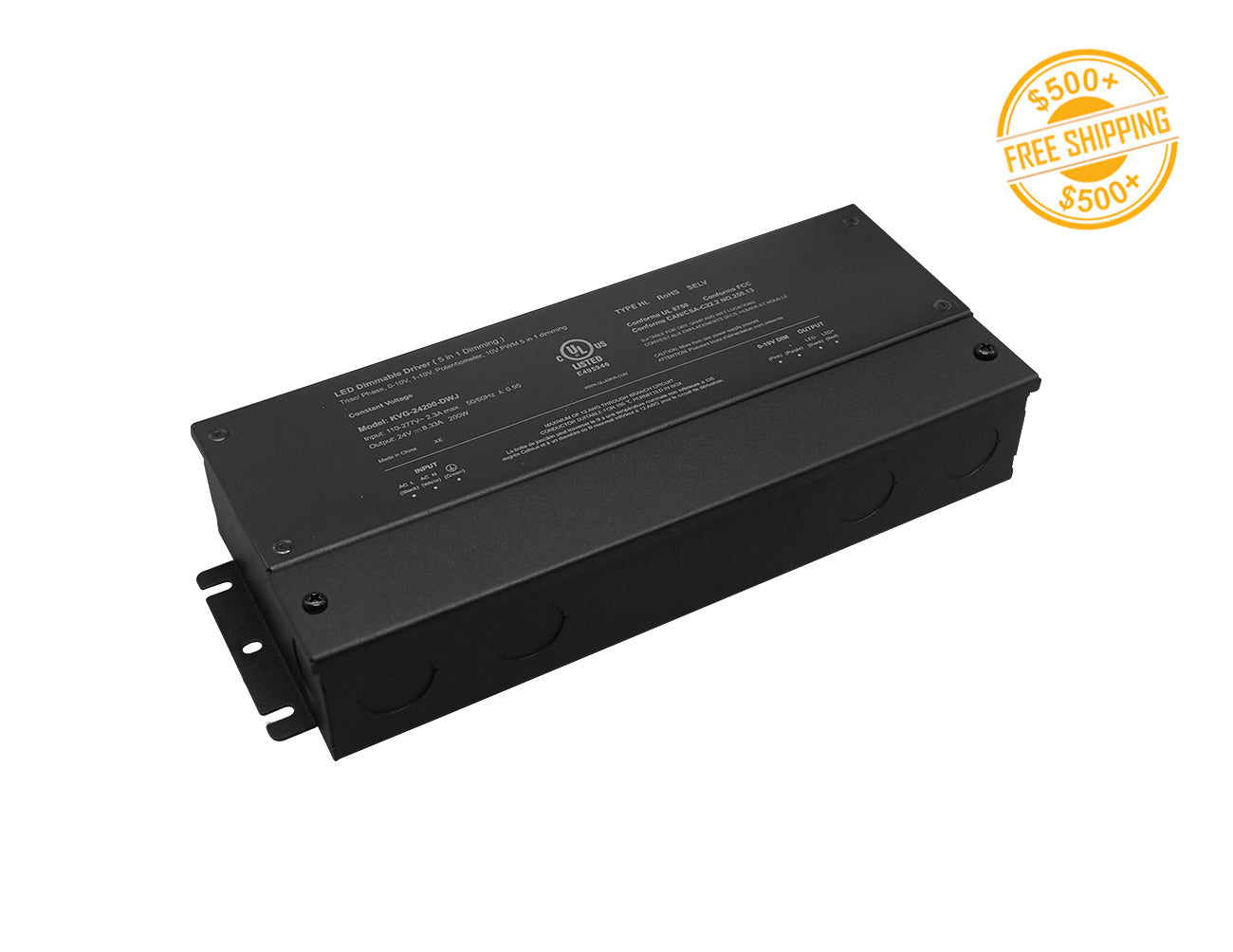 G Series 200W 24VDC dimmable LED low voltage power supply and yellow label for free shipping on orders over $500.