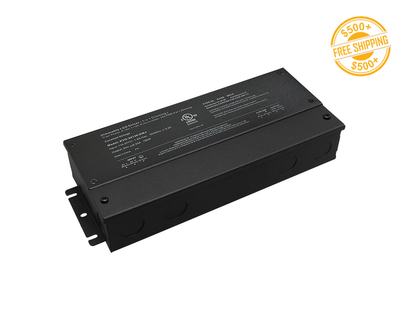 G Series 150W 24VDC dimmable LED low voltage power supply and yellow label for free shipping on orders over $500.