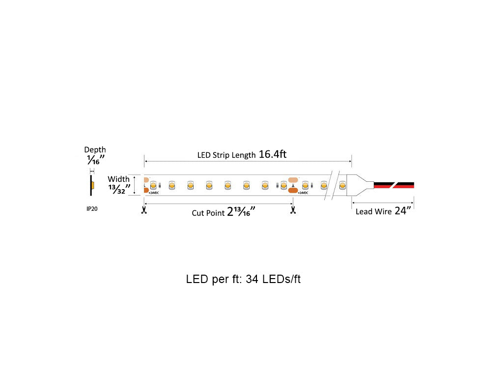 Dimensions for the ECO Series 24VDC low voltage dimmable LED strip lights.