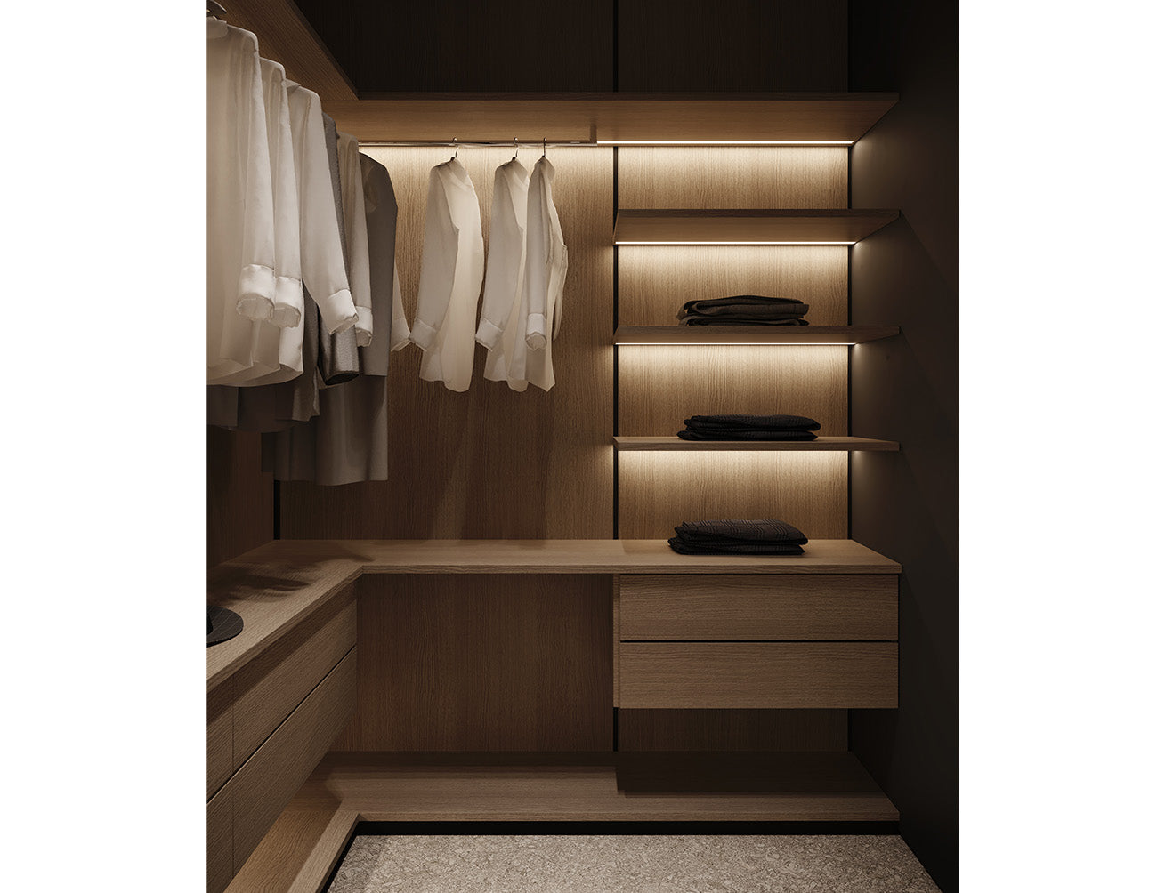 A bedroom closet is decorated with LED strip lights that are powered by a dimmable low voltage driver.