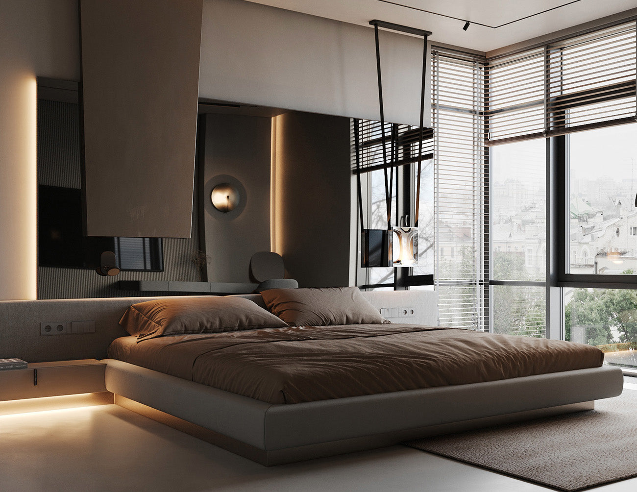 A bedroom is decorated with LED strip lights that are powered by a dimmable low voltage transformer.