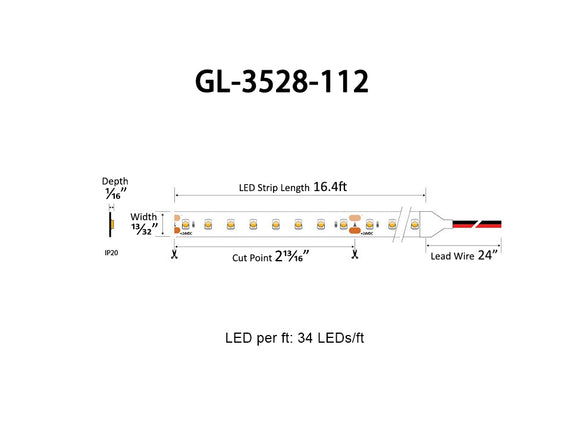 Dimensions for the ECO Series GL-3528-112_24VDC low voltage dimmable LED strip lights.