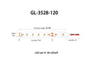 Dimensions for the ECO Series GL-3528-120_24VDC low voltage dimmable LED strip lights.