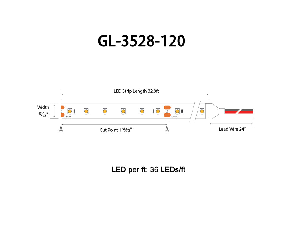 Dimensions for the ECO Series GL-3528-120_24VDC low voltage dimmable LED strip lights.