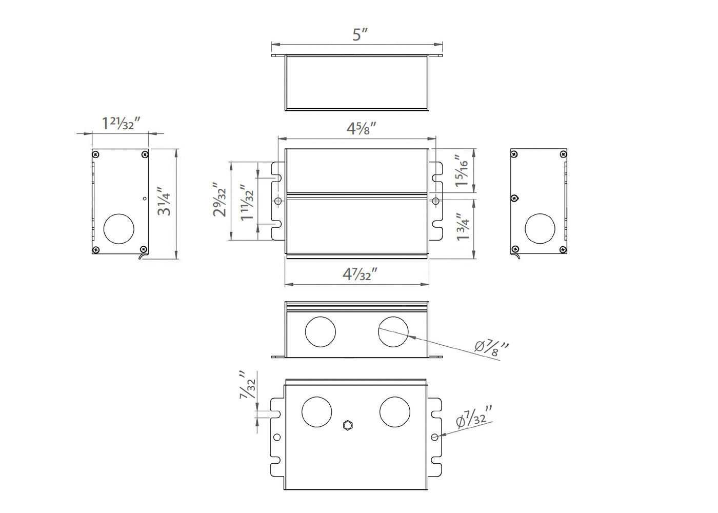 Dimensions for the ETF Dimmable 150W 24VDC LED power supply.