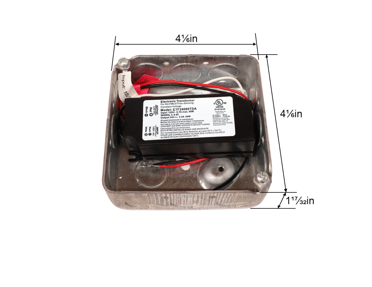 ETF 60W dimmable LED low voltage transformer in junction box for size reference (4.17" L x 4.17" W x 1.53" H). 