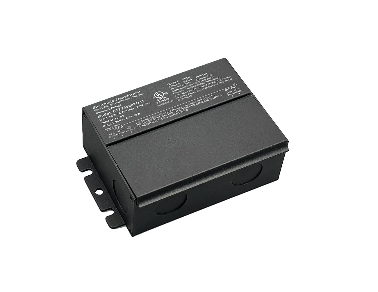 An ETF Series 60W 24VDC dimmable LED low voltage transformer.