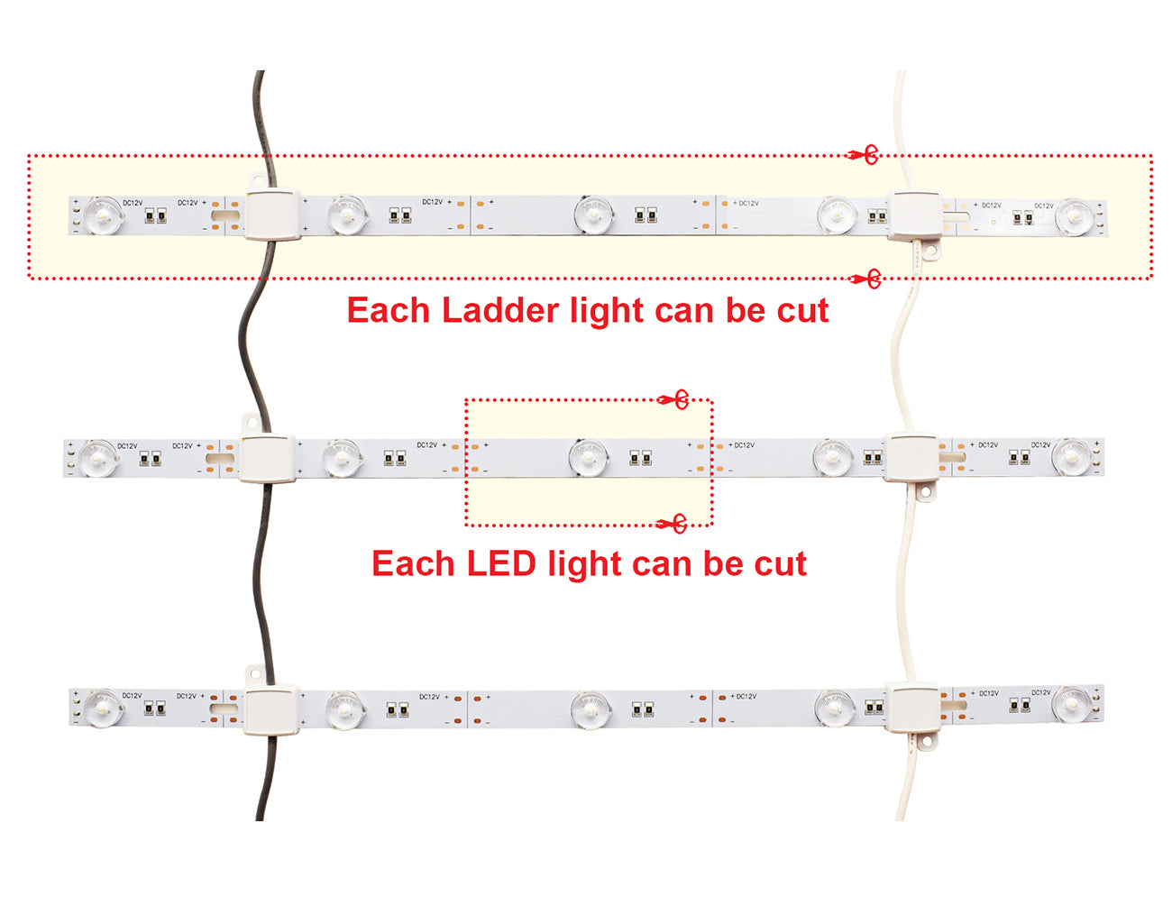 Ladder light strip diagram showing each light or LED bead can be cut individually for custom lengths, flexible design, and modular LED installation