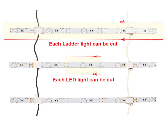 Ladder light strip diagram showing each light or LED bead can be cut individually for custom lengths, flexible design, and modular LED installation