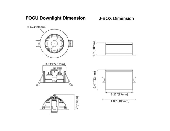 Dimensions of FOCU LED downlight and its junction box.