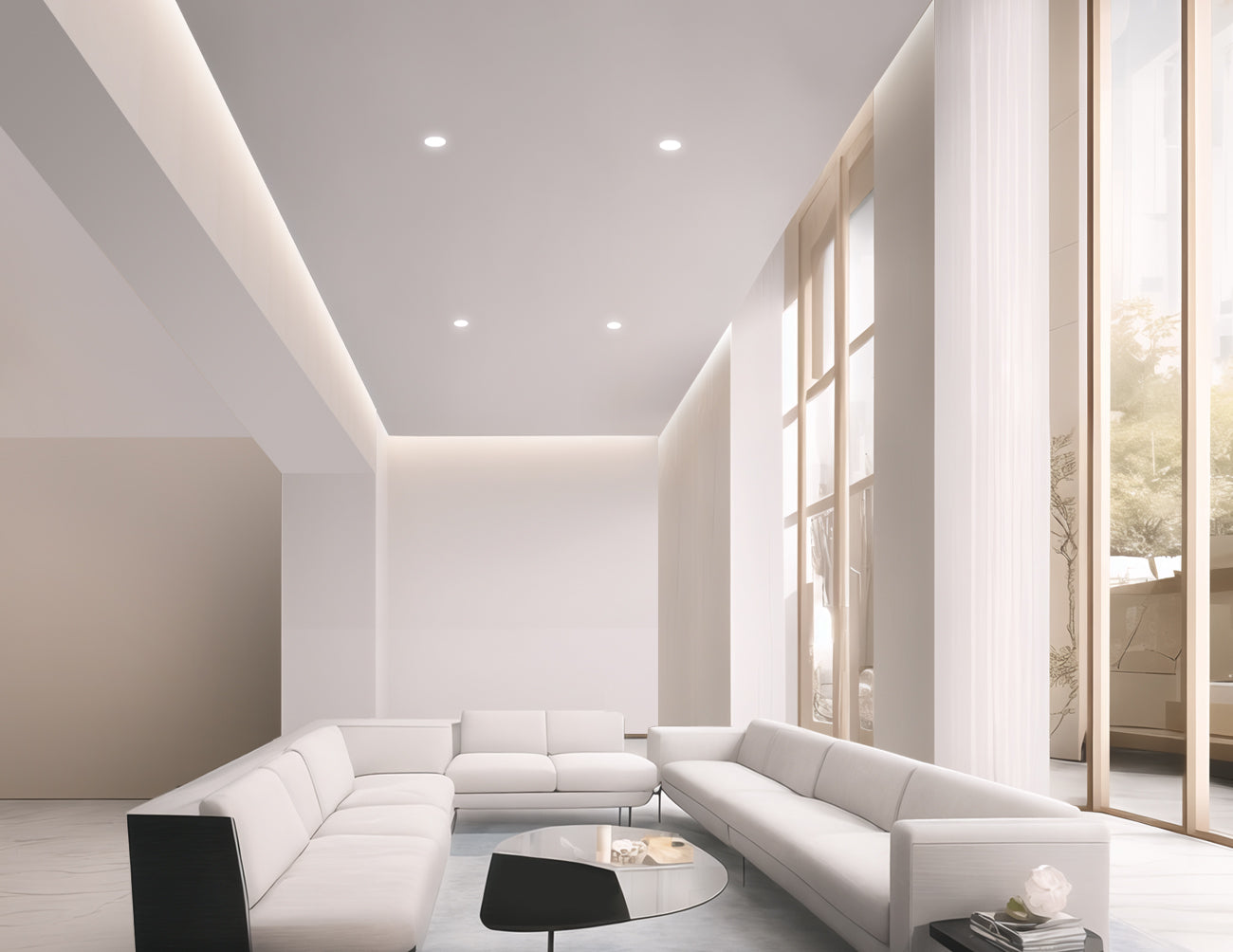 This 4000K dimmable 120V high-voltage LED strip is installed in the hall ceiling, delivering flicker-free, visually comfortable lighting.