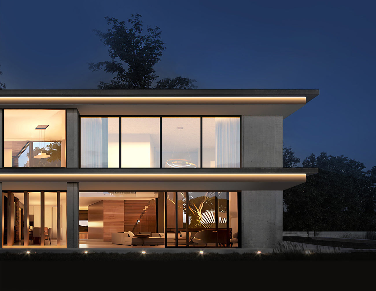 3000K flicker-free strip light installed along the eaves edge, offering eye-comfortable warm lighting.