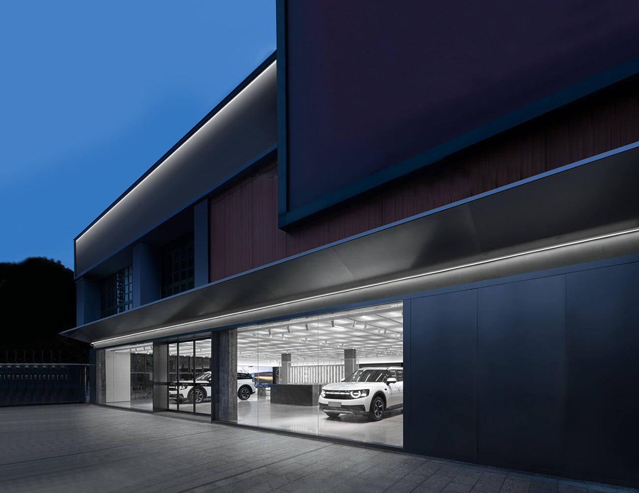 Flicker-free high-voltage LED strip with 4000K neutral light, installed on roof edges for clean, bright ambiance.