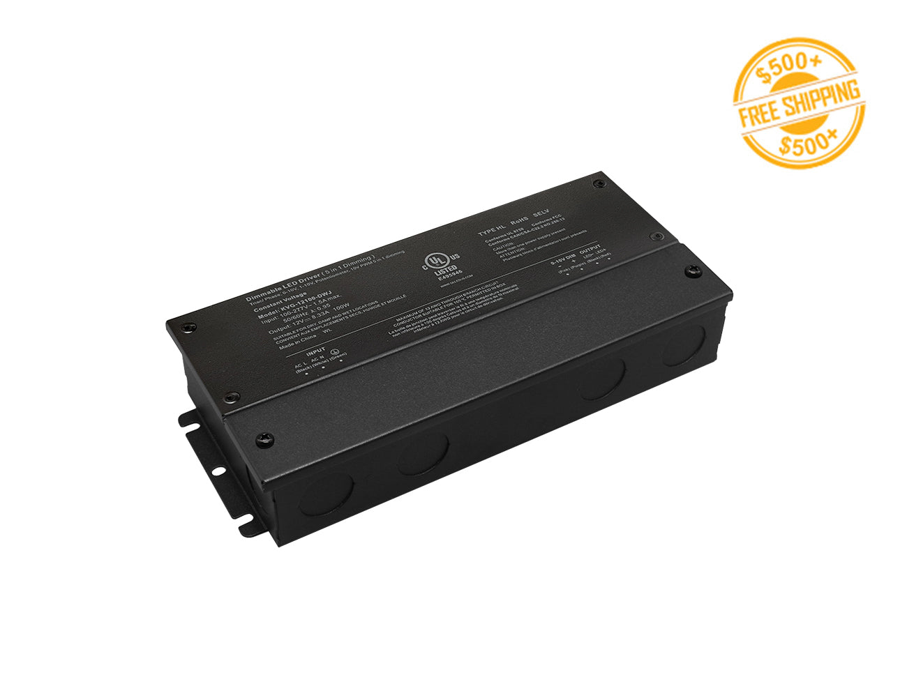 G Series 100W 12VDC low voltage dimmable LED power supply and yellow label for free shipping on orders over $500.