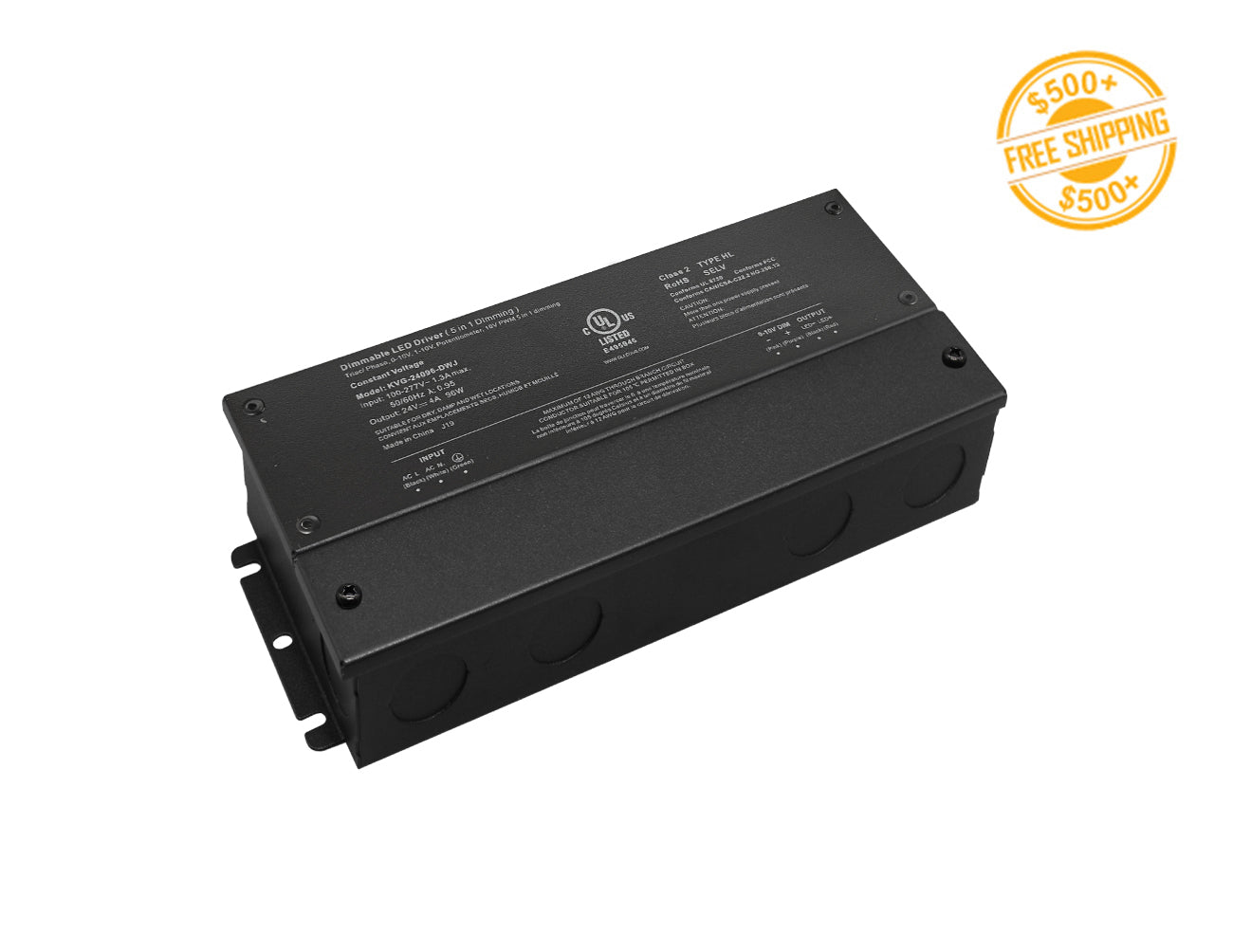 A KVG Series 96W 24VDC dimmable LED low voltage transformer and a label for free shipping on orders over $500.