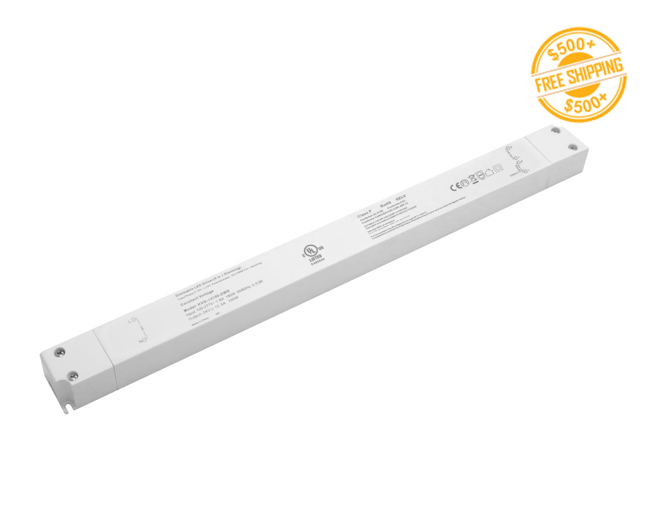 G Slim Series 150W 24V low voltage dimmable LED transformer and a label for free shipping on orders over $500.