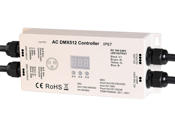Front view of GL LED 120V Neon light DMX controller, showing technical specs and port names of the controller.