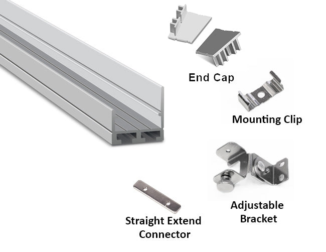 Aluminum channel ES-2321 with accessories, including a end cap, a mounting clip, an adjustable bracket, and a straight extend connector.