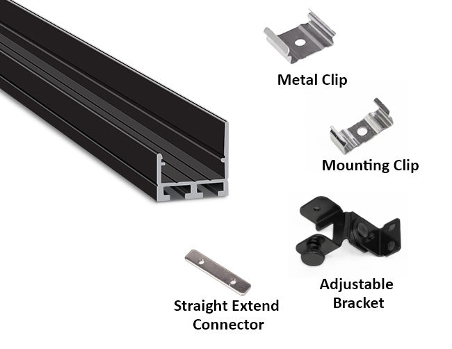 Aluminum channel ES-2321 with accessories, including a metal clip, a mounting clip, an adjustable bracket, and a straight extend connector.