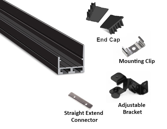 Aluminum channel ES-2321 with accessories, including  a mounting clip, an adjustable bracket, and a straight extend connector.