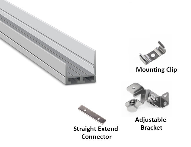 Aluminum channel ES-2321 with accessories, including a mounting clip, an adjustable bracket, and a straight extend connector.