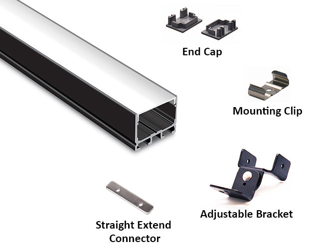 Aluminum channel ES-3021 with accessories, including end caps, a mounting clip, an adjustable bracket, and a straight extend connector.