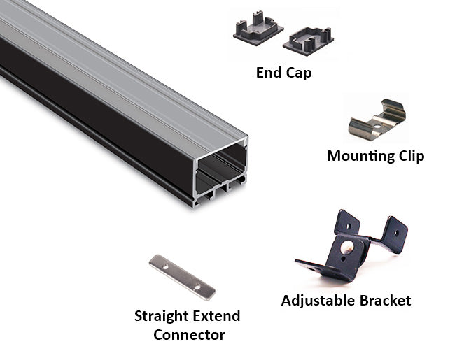 Black Aluminum channel ES-3021 with accessories, including end caps, a mounting clip, an adjustable bracket, and a straight extend connector.