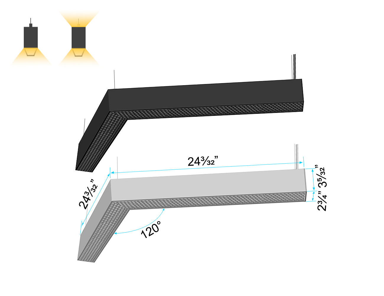 120°L-Shape L8070 linear fixture equipped with anti-glare Honeycomb Lens, supporting downward or bi-directional lighting with black/white housing.