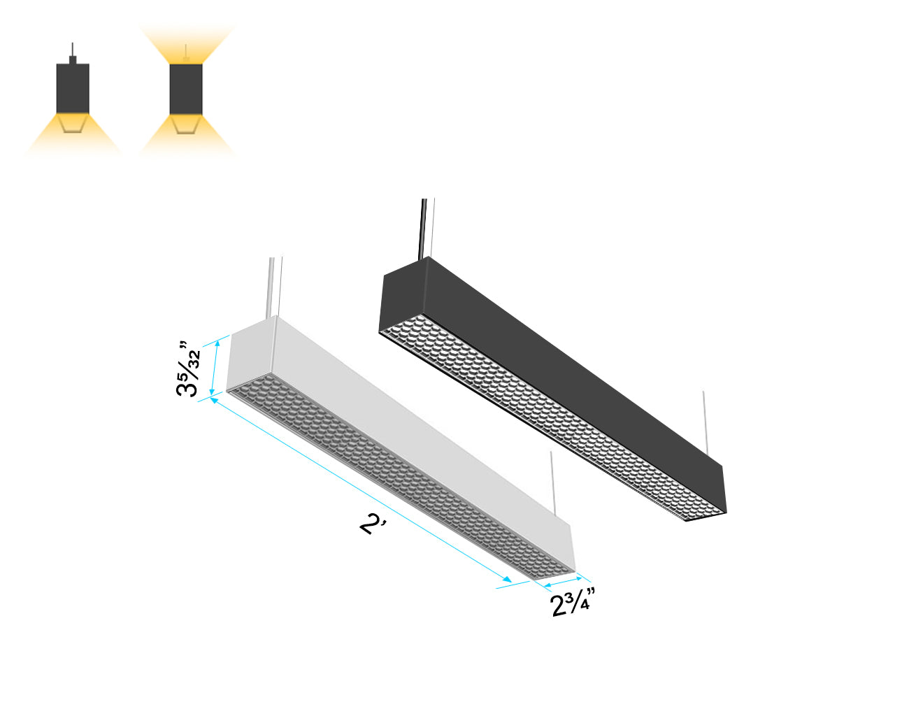 GL LED L8070 2ft linear light with Honeycomb Lens for controlled beam direction, glare reduction, and visual comfort; available in black and white finishes.