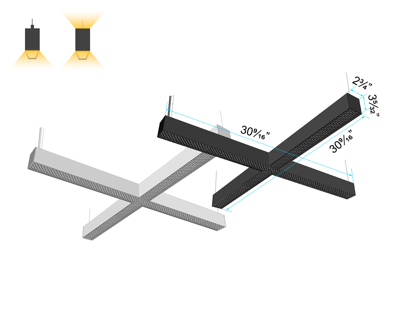 GL L8070 X-Shape linear light with Honeycomb Lens delivers focused and low-glare illumination, ideal for modern interiors; available in black and white finishes.