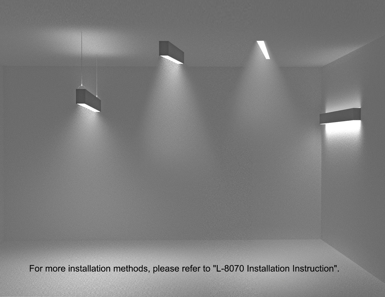 A picture showing different installation methods for GL LED L8070 linear light fixtures, including ceiling suspension, surface mounted, wall mounted, and ceiling recessed.