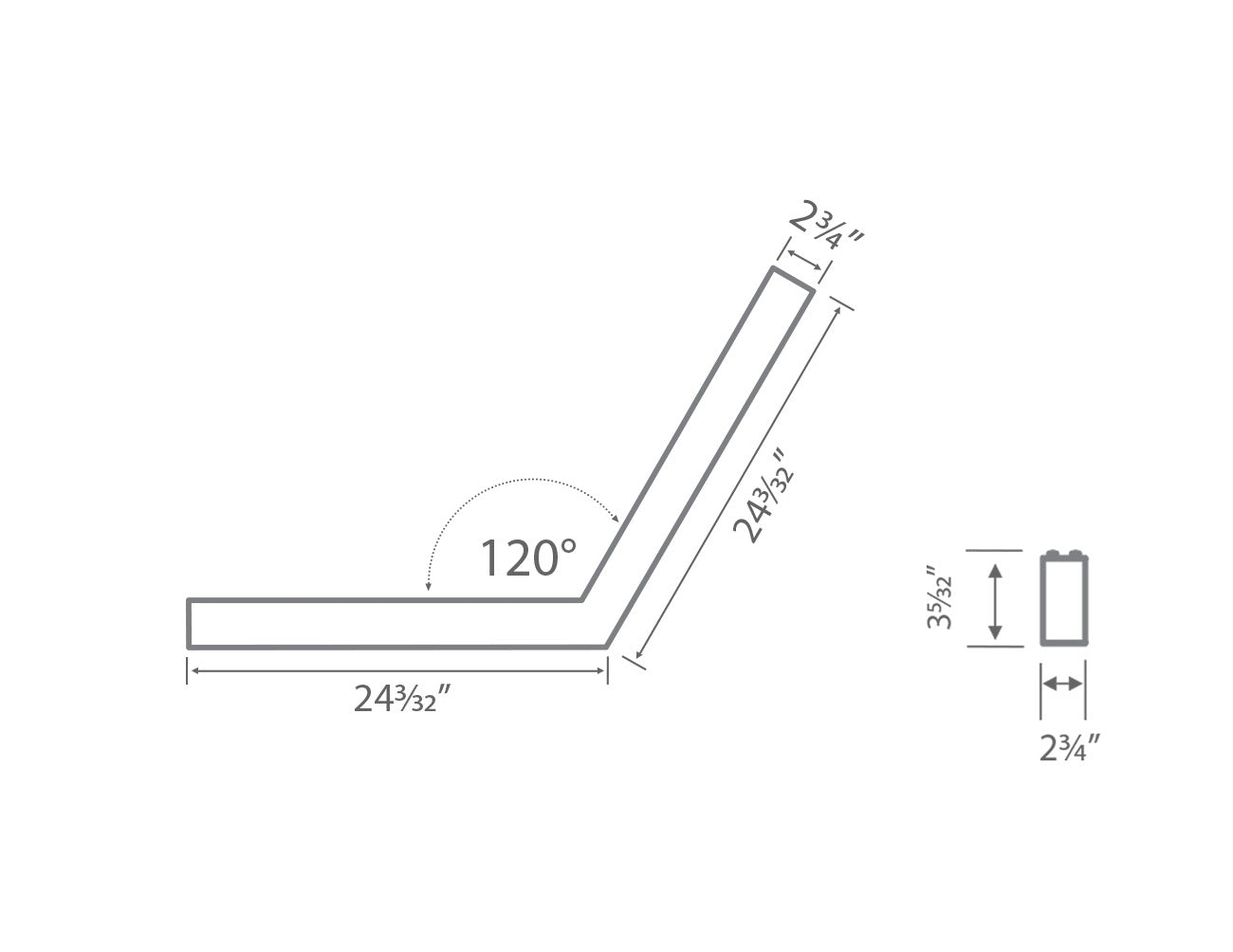 Dimensions of GL LED L8070 120° L Shaped linear fixture.